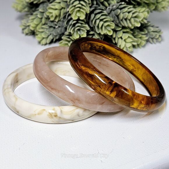 Cherry Tree Marble Swirl Bangles Pink Brown & White Bracelets Boho Set 3 Acrylic - Picture 2 of 10
